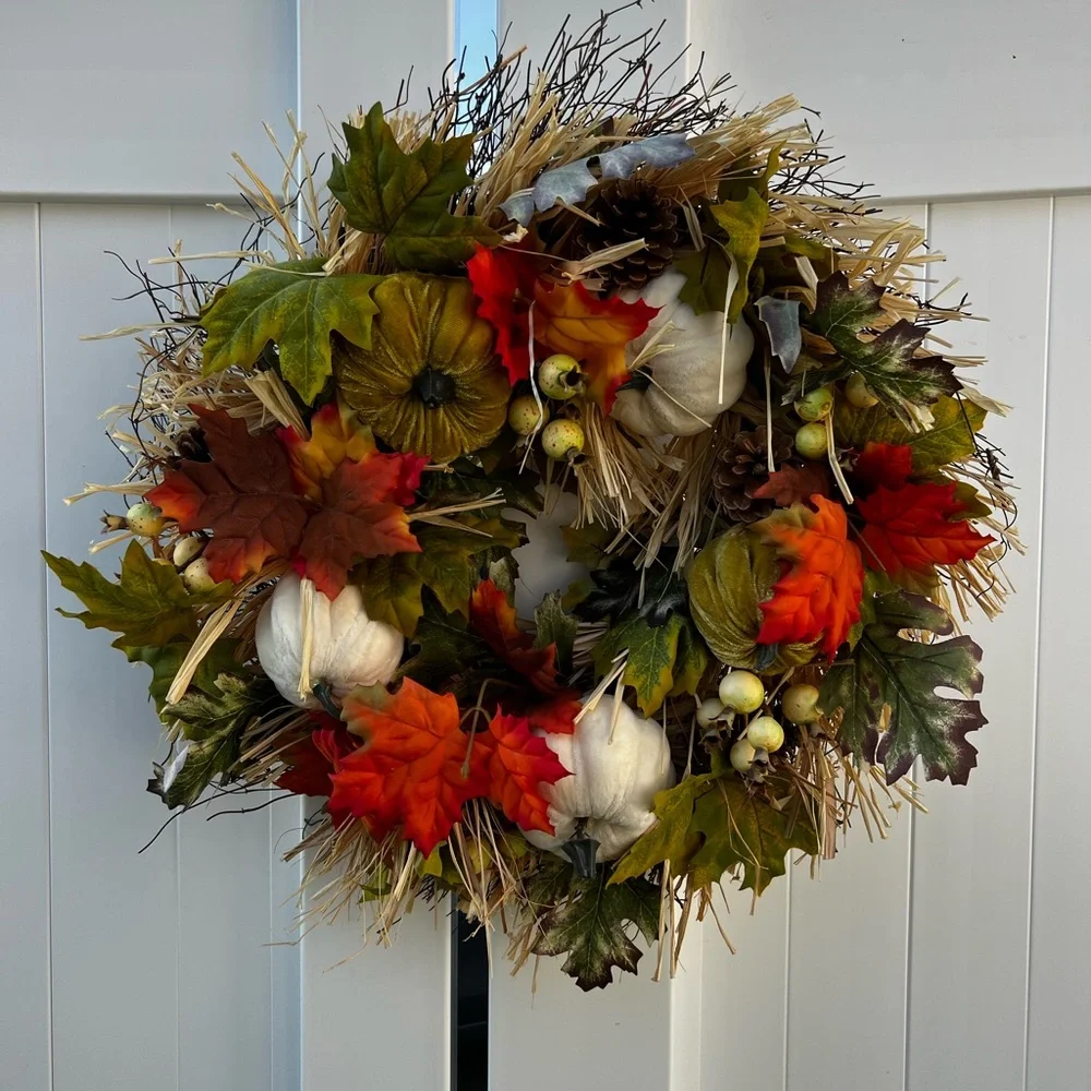 Autumn Harvest Pumpkin Wreath with Red and Green Leaves